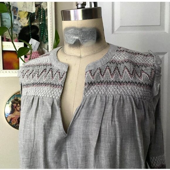 ZARA Gray GAUZE Seersucker Chevron Print Peasant Lounge Tunic shirt *X-SMALL* - Picture 2 of 5